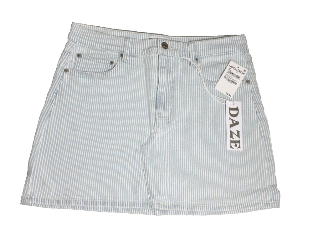 Daze Malibu Mid Waist Mini Skirt Size 27 Blue Bell Stripe Denim Comfy Casual
